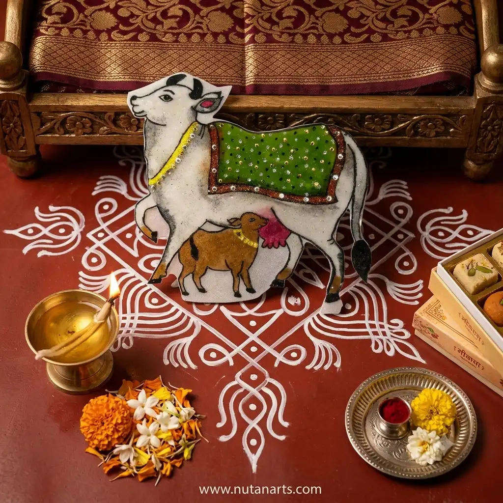 Handmade-Kamdhenu-Cow-and-Calf-Readymade-Rangoli-Mat