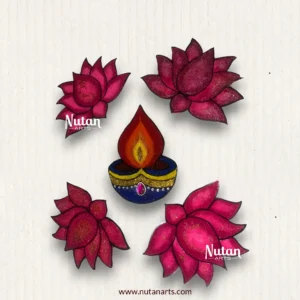 reusable A4 size rangoli mat with magenta lotuses and central diya,