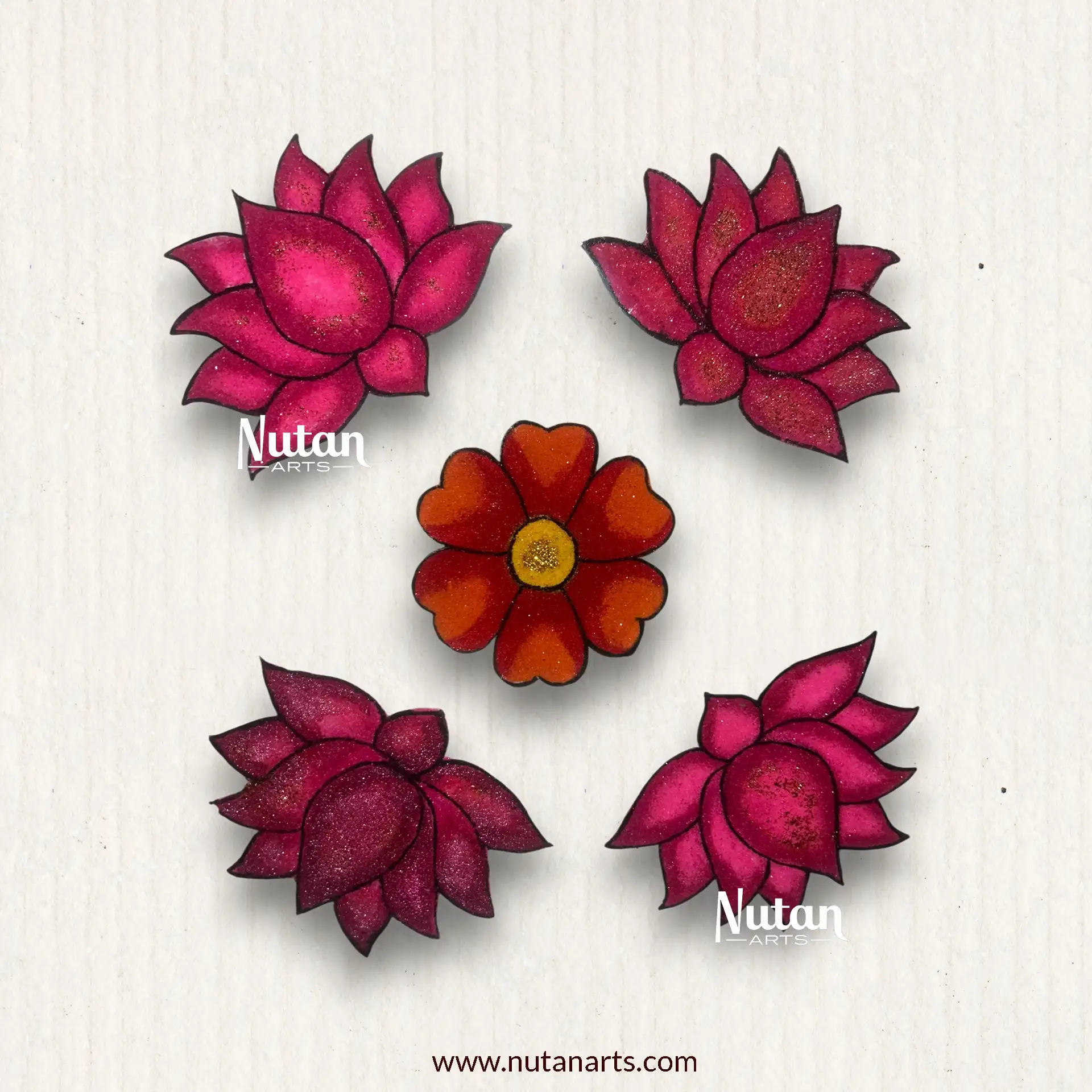 reusable A4 size rangoli mat with magenta lotuses and central diya