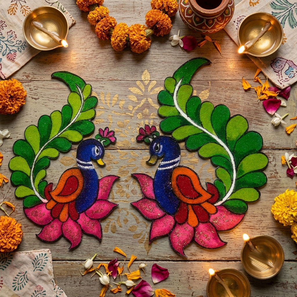 Mirror-image pair of ready-made peacock rangoli mats with green feathers on pink flowers