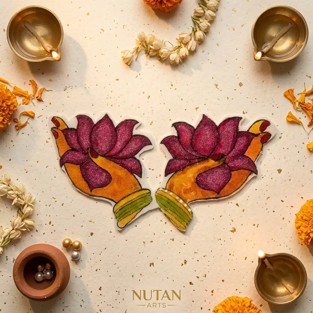 Hand-holding maroon lotus readymade glitter rangoli mat for Diwali decoration