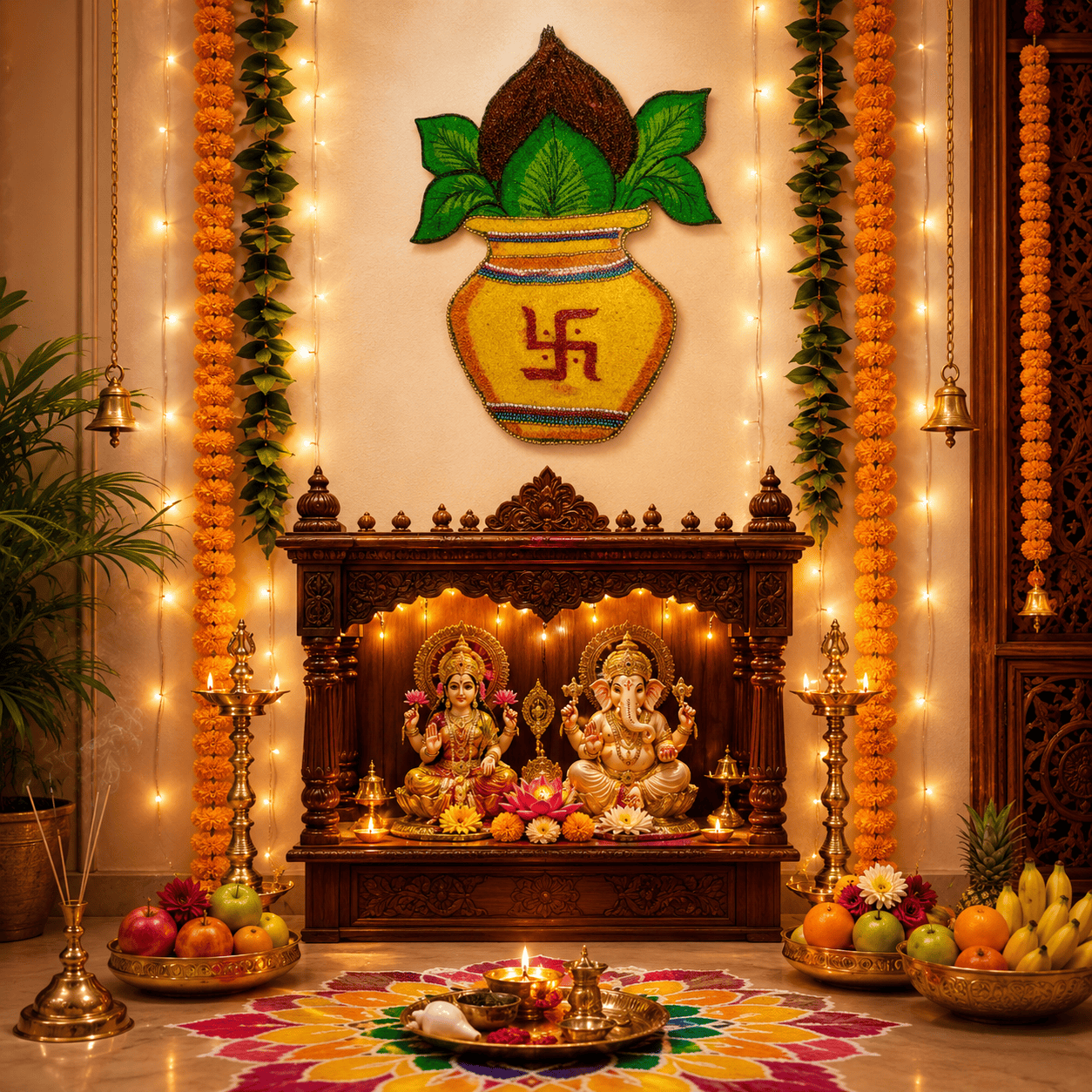 Handmade Shubh Kalash Readymade Rangoli Mat with Swastik Symbol